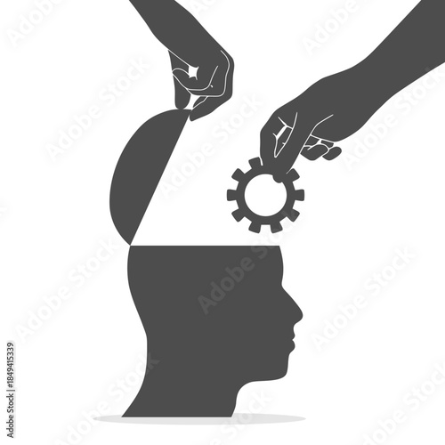 Human head with hand put cogwheel in it. Productivity, effectiveness. Intelligence and knowledge development with brain performance. Gear or technical wheel as learning element.