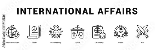 International Affairs Modern and clean web banner illustration featuring thematic icons for visual communication