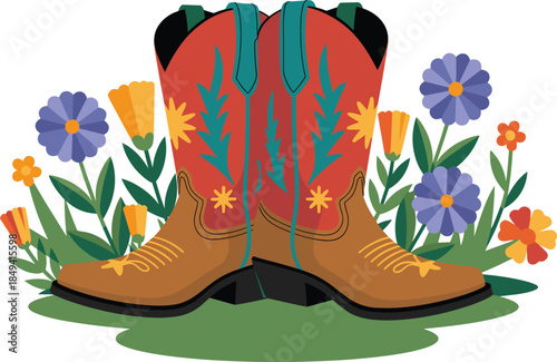 Western, cowboy, boots, illustration, floral, folk, fashion, footwear, vintage, country, style, leather, embroidery, rustic, apparel, vector, design, decorative, boho, art