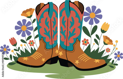 Western, cowboy, boots, illustration, floral, folk, fashion, footwear, vintage, country, style, leather, embroidery, rustic, apparel, vector, design, decorative, boho, art