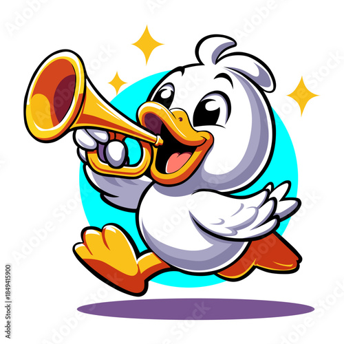 Joyful Duckling Playing a Golden Trumpet