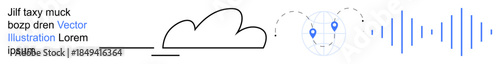 Cloud technology, data storage, digital communication, geolocation, networking processes, sound waves. Abstract design a cloud, location points and sound wave lines. Cloud technology and data
