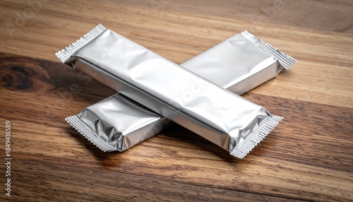 Two foil-wrapped, rectangular food items are on a wooden surface