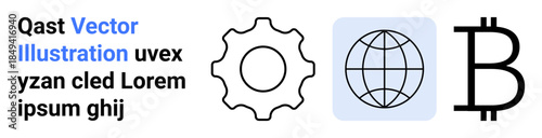 Technology, cryptocurrency, global economy, blockchain, innovation, connectivity. Gear, globe icon and Bitcoin symbol on a white background. Technology and cryptocurrency visualization