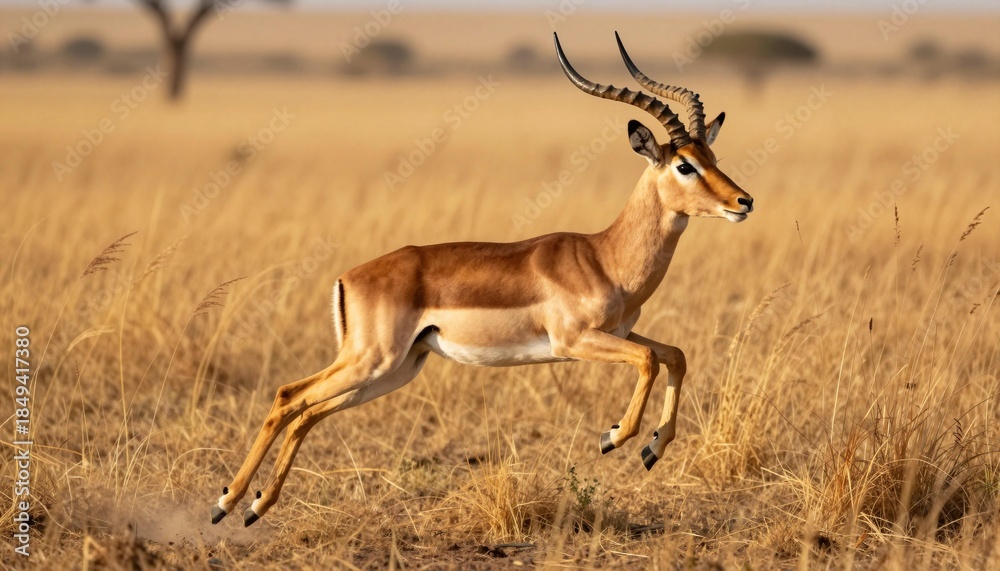 Naklejka premium Leaping male impala antelope with curved horns running through golden savanna grassland