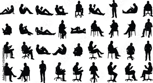 Reading silhouettes of diverse people, sitting, standing, reclining, using books and devices, perfect for education, lifestyle, library, and digital content design themes