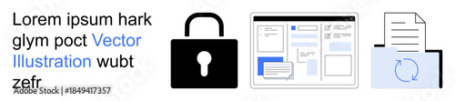 Data security, online privacy, digital workflow, document management, cybersecurity, file protection. Lock symbol, digital interface document icon. Data security and document management concept