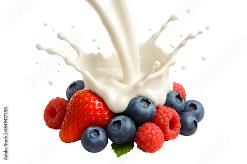 Creamy Yogurt Pouring Over Fresh Berries – Healthy Breakfast Concept