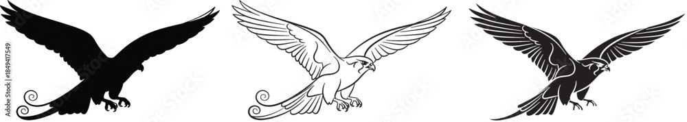 Fototapeta premium Flying Bird Vector Silhouette Set Clean Monochrome Outline Illustration