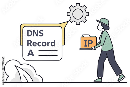 DNS Record A and IP: An illustration depicts a person carrying a folder labeled IP alongside a digital representation of a DNS A record.