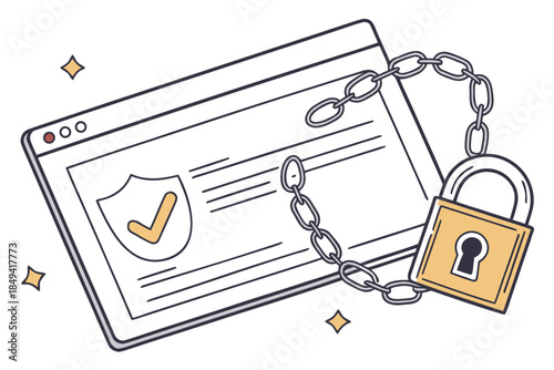 Secure Website with Lock and Chain: Illustrates the protection of a website's security, symbolizing safety and confidentiality, with a lock, chain and shield with check mark.