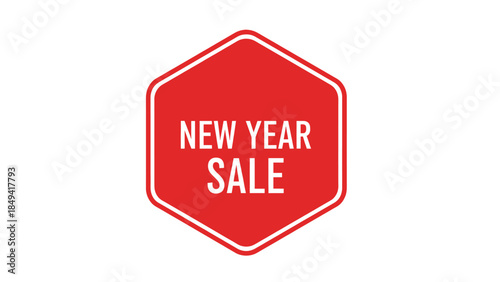 A red hexagonal graphic with a white border featuring the text 'NEW YEAR SALE' in white, uppercase letters on a clean white background, indicating a promotional event.