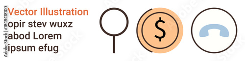 Data analysis, financial transactions, e-commerce, customer support, communication tools, business services. Magnifying glass, dollar symbol and phone icon in a minimalist design. Data analysis