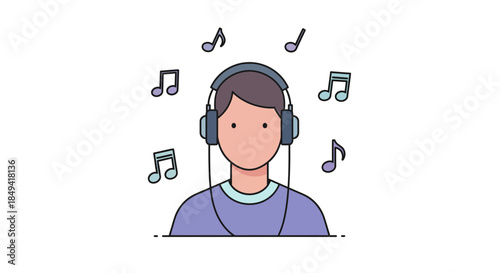 Young man enjoying music with headphones and floating notes around