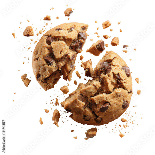 Broken chocolate chip cookie isolated on transparent background