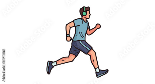 Young man running with headphones on in a dynamic pose