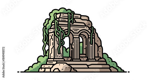 Ancient stone ruins with green vines growing on crumbling structure