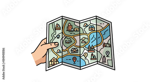 Hand holding a detailed travel map with various locations marked