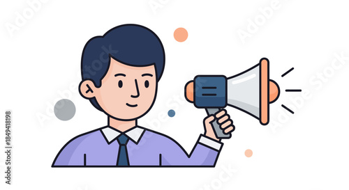 Businessman holding megaphone and speaking loudly with confidence