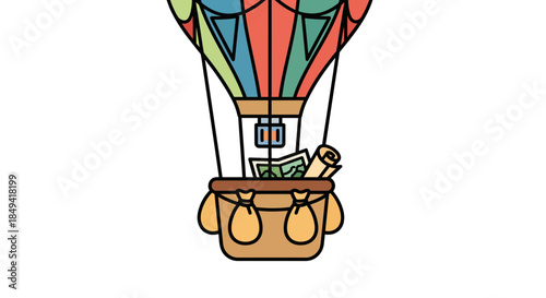 Colorful hot air balloon soaring with money and treasure