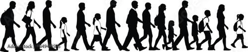 Silhouettes of diverse people walking together, adults and children in motion, symbolizing migration, journey, unity, community, travel, family, hope, and human connection across cultures
