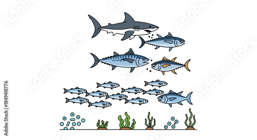 Cartoon depiction of a complex marine ecosystem hierarchy and interconnected feeding relationships