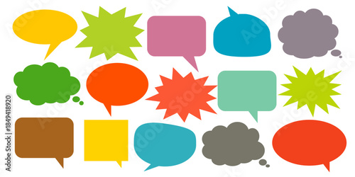 A simple design set of colorful message comment chat boxes. A collection of comic and social media speech bubbles, text boxes, and chat boxes. A vector set of comic and social media speech bubbles.