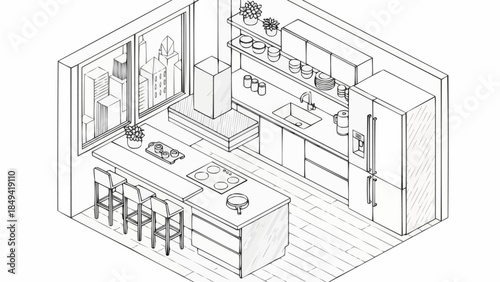 Modern Isometric Kitchen Design with Island and Bar Seating.