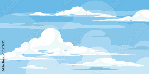 Illustration of a blue sky with white clouds in a flat style. Blue sky background and white clouds. Cartoon sky	