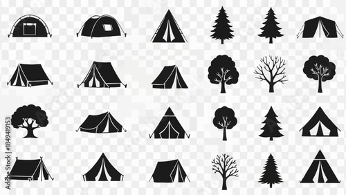 Collection of Camping Tents and Trees Icons for Outdoor Activities.