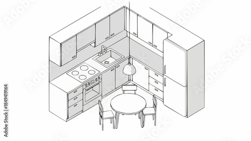 Modern L-Shaped Kitchen Design with Dining Area and Island.