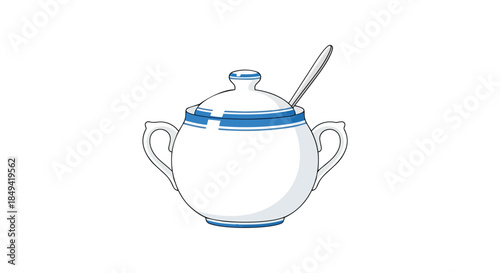 A classic ceramic sugar bowl with blue striped trim and a convenient spoon for serving tea or coffee.