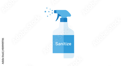 Blue sanitize spray bottle graphic with dispensing droplets, symbolizing essential hygiene, cleanliness, and effective germ prevention for public