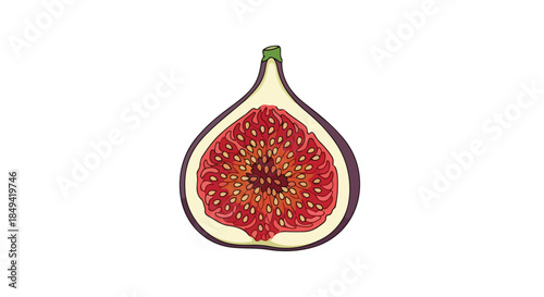 Vibrant cross-section of a fresh fig, showcasing its rich, deep red pulp and numerous small seeds against a pure white background, ideal for health