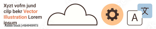 Cloud storage, language translation, settings customization, digital tools, software management, technology. Cloud outline, gear symbol and language icon. Cloud storage and language translation