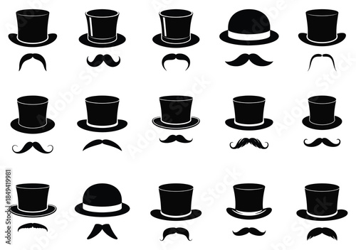Collection of top hats and mustaches