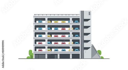 Multi-level parking garage illustration showcasing efficient vehicle organization in a modern urban landscape with varied car colors parked across