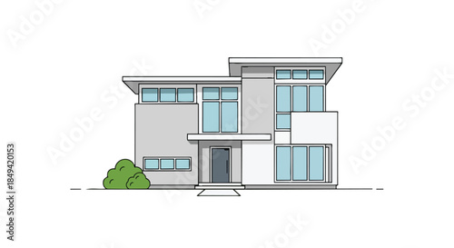 Sleek modern dwelling architectural design drawing an elegant two story suburban residence showcasing contemporary lines and bright windows in a