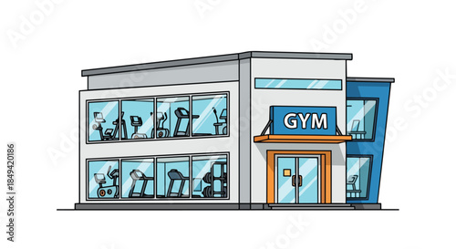 A vibrant cartoon illustration of a multi-story fitness center with diverse exercise equipment visible through its wide windows, perfect for