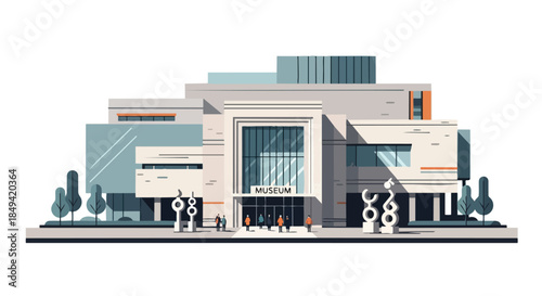 A sophisticated illustration of a modern museum, featuring contemporary architecture and abstract outdoor sculptures, inviting cultural exploration