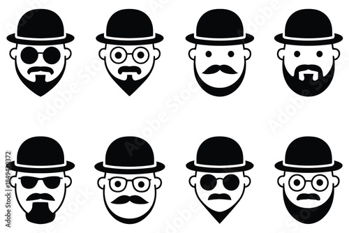 Black and white gentlemen icons set with bowler hats and beards