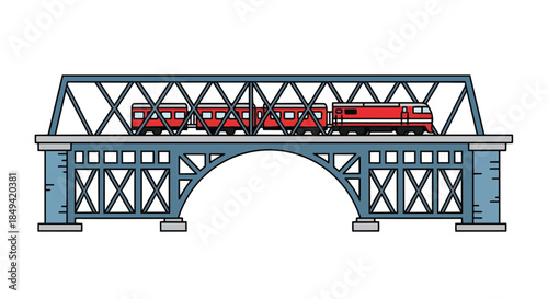 Vibrant Red Locomotive and Passenger Cars Traversing a Sturdy Blue Truss Bridge Illustration