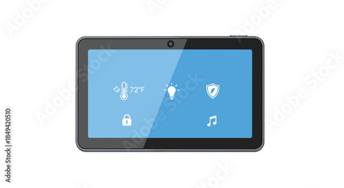 Modern smart home control panel displaying essential functions for automated living. Intuitive interface for climate, lighting, security, and