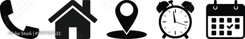 Interface icon set. Phone receiver, home, location pin, clock and calendar elements form a clean contact vector illustration. Navigation and scheduling symbol. Call and visit planning sign.