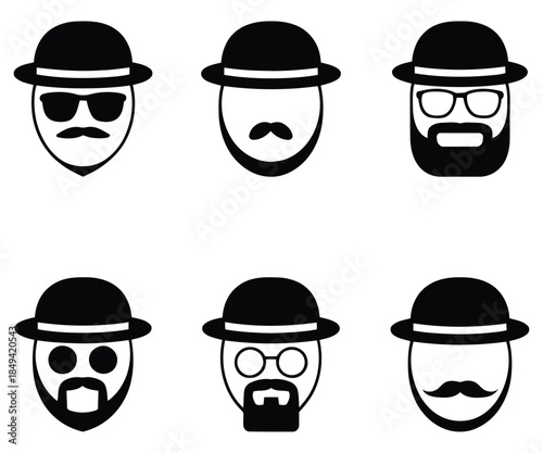 Bowler hat man icons vector set with different facial hair styles