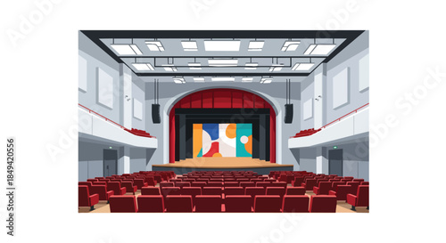 Modern Entertainment Venue Interior Vector Art Illustrating an Empty Stage and Auditorium with Red Seating