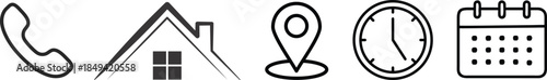 Interface icon set. Phone receiver, home, location pin, clock and calendar elements form a clean contact vector illustration. Navigation and scheduling symbol. Call and visit planning sign.