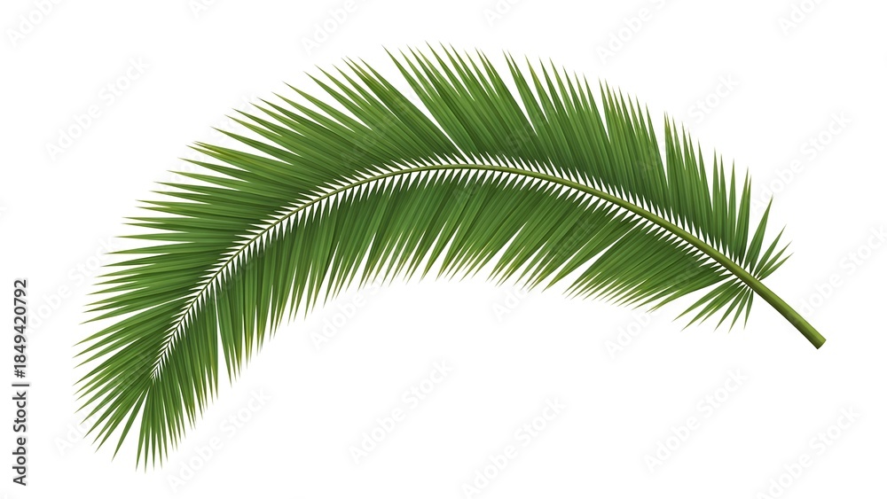 Obraz premium Beautifully rendered curved green palm leaf, a vibrant symbol of tropical paradise and natural beauty, perfect for summer designs, exotic themes, and refreshing visual concepts