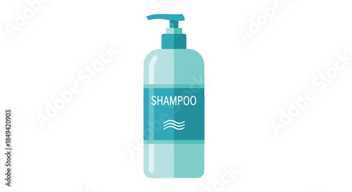 A minimalistic vector illustration showcasing a sleek turquoise shampoo bottle complete with a convenient pump dispenser for hair cleansing and