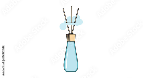 A pristine minimalist illustration featuring a blue bottle reed diffuser with natural wooden top and absorbent sticks gently releasing a calming